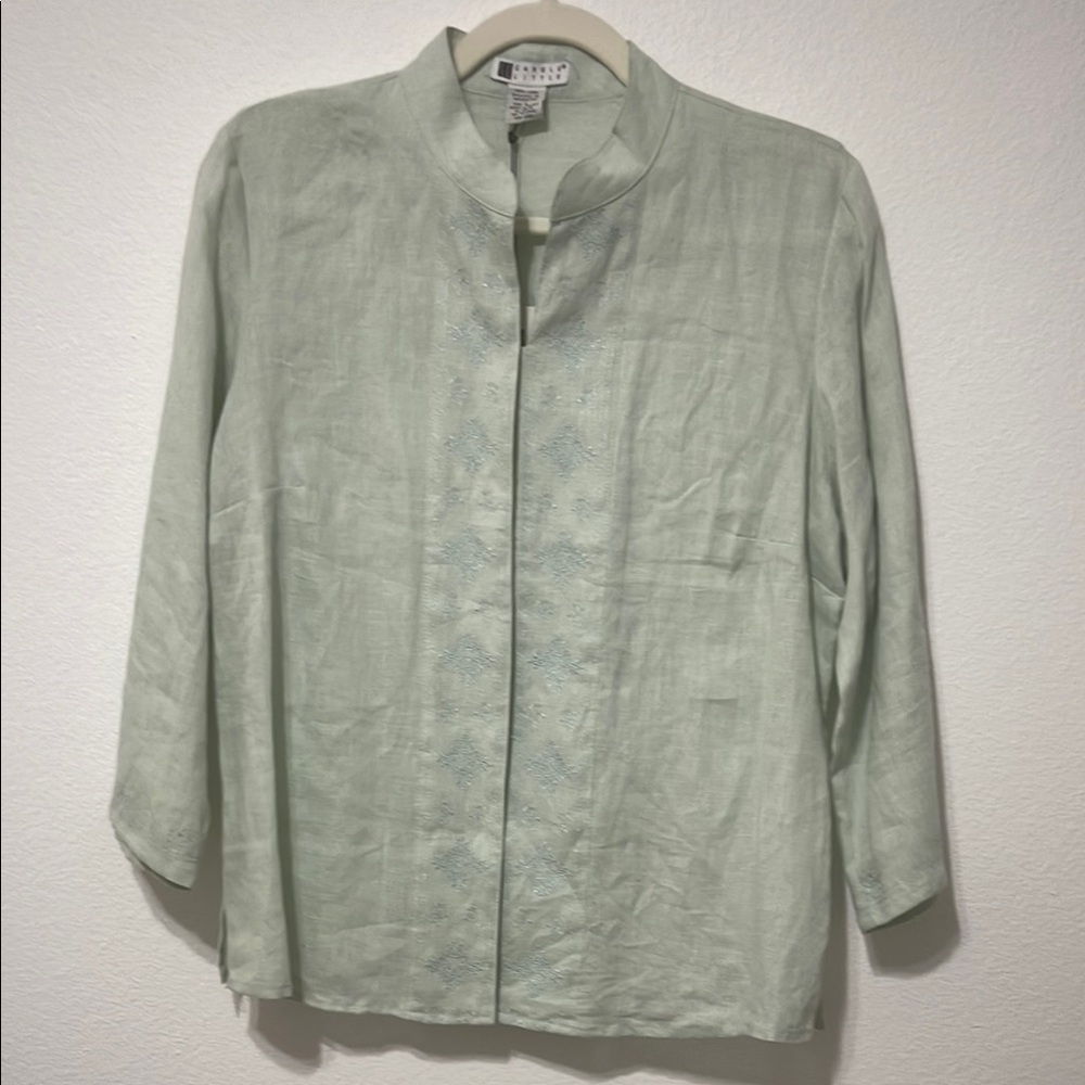 Carole Little Linen Top Hidden Buttons with Embroidery Mint Green Size Large NWT